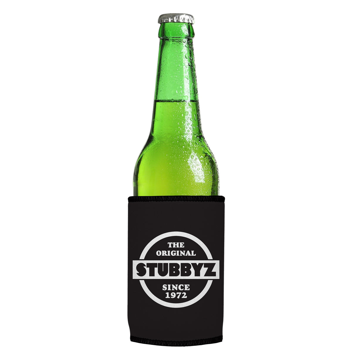 The Original (Black) Stubbyz One Size cooler on a slim Euro-style bottle