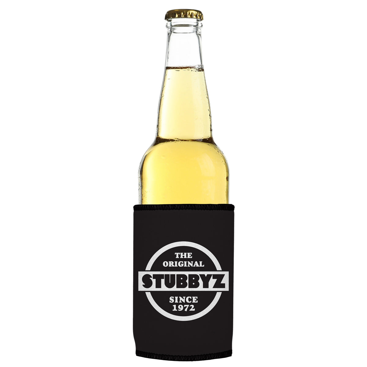 The Original (Black) Stubbyz One Size cooler on a slim bottle, angled view