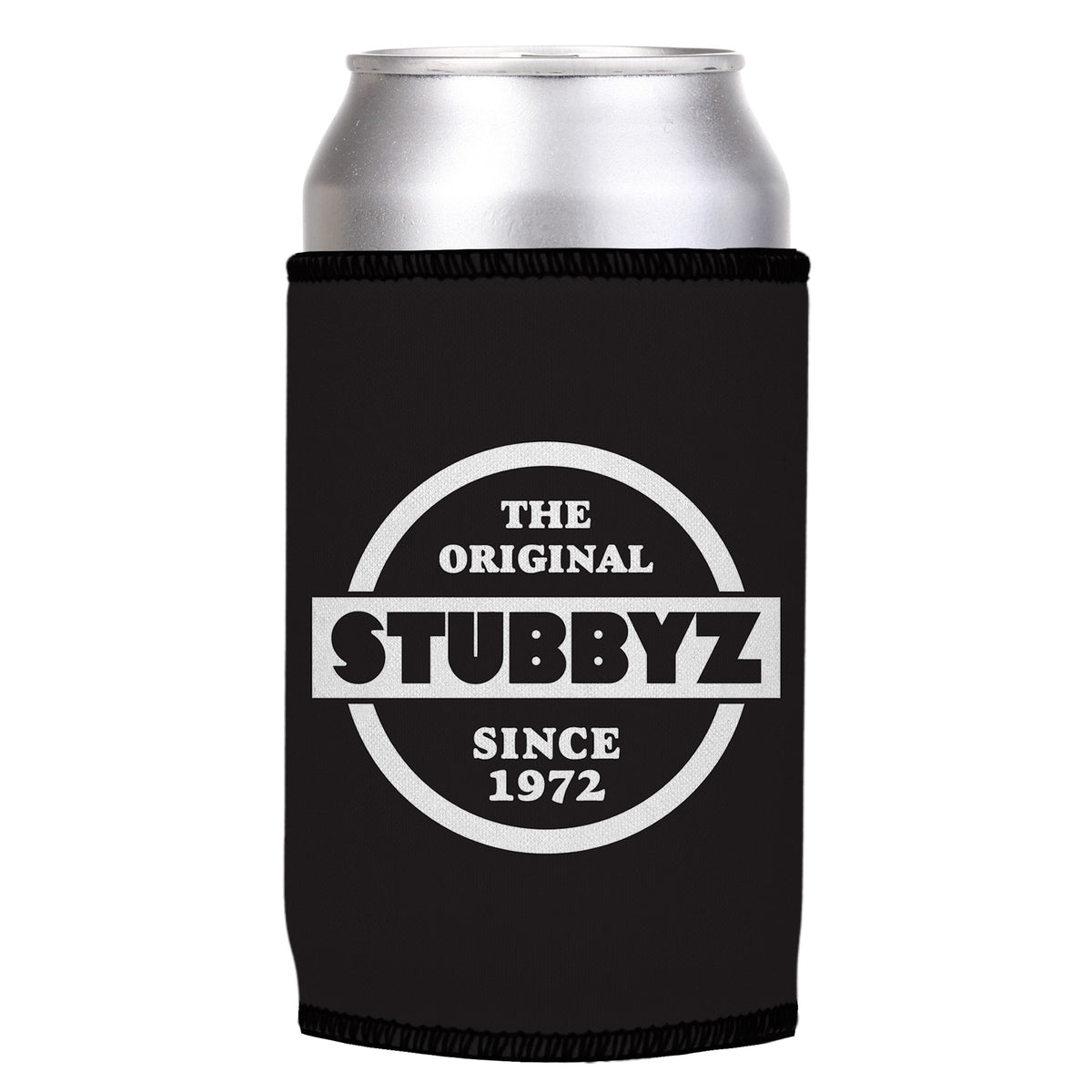 The Original (Black) Stubbyz One Size cooler on a standard can, angled view