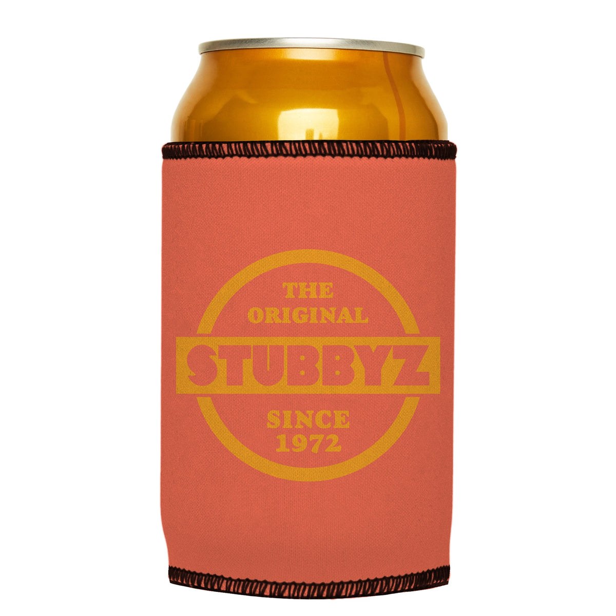 The Original (Coral) Stubbyz One Size cooler on a standard can