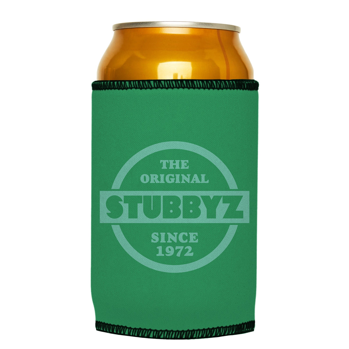 The Original (Green) Stubbyz One Size cooler on a standard can