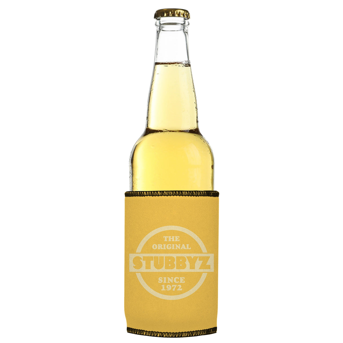 The Original (Mustard) Stubbyz One Size cooler on a slim bottle, angled view