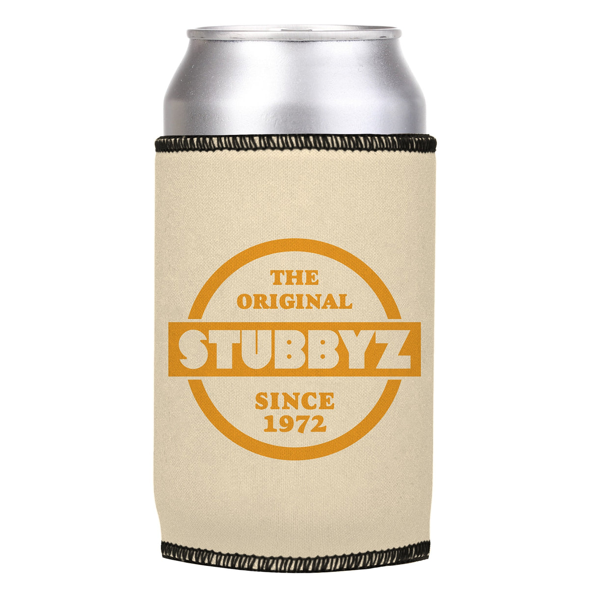 The Original (Tan) Stubbyz One Size cooler on a standard can, angled view