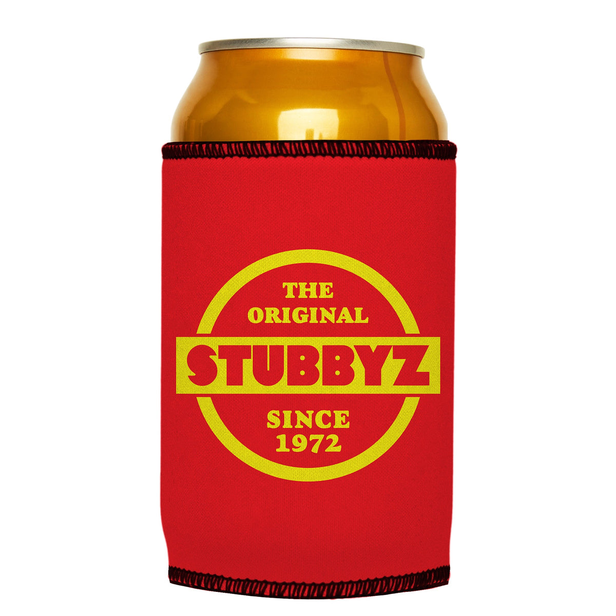 The Original (Red) Stubbyz One Size cooler on a standard can