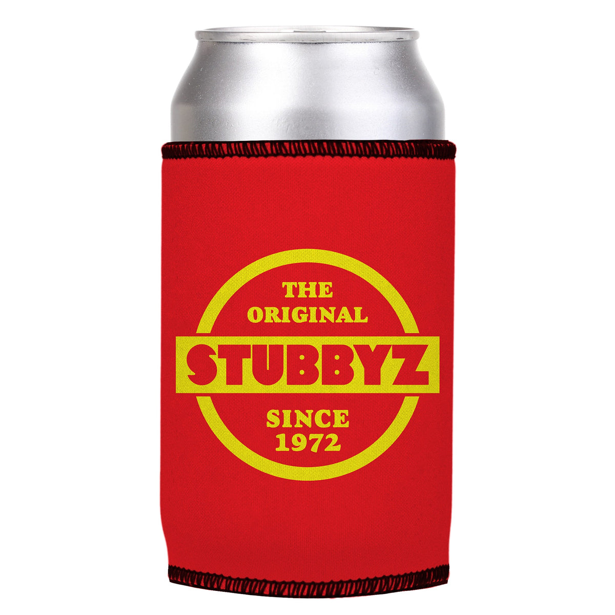 The Original (Red) Stubbyz One Size cooler on a standard can, angled view
