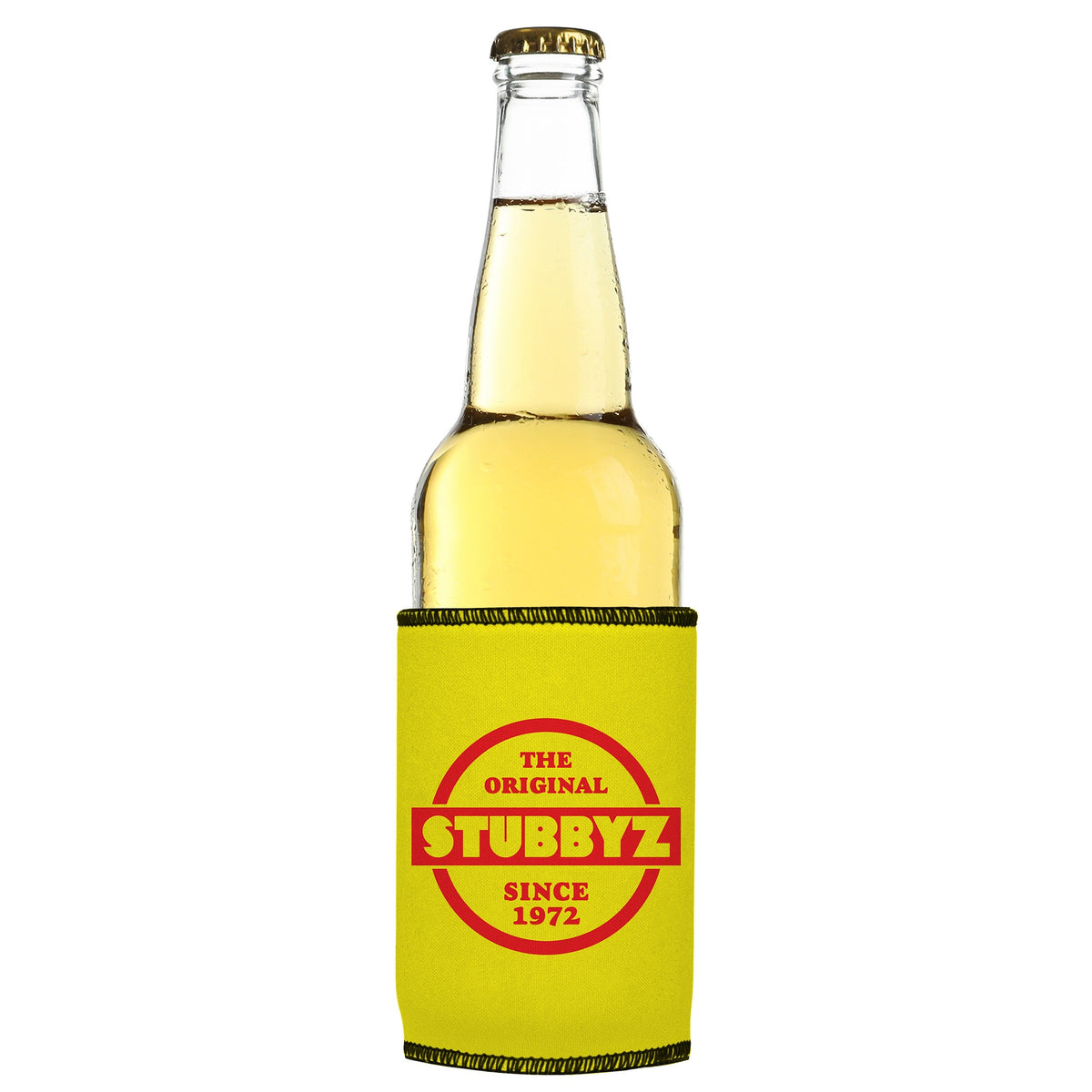 The Original (Yellow) Stubbyz One Size cooler on a slim bottle, angled view