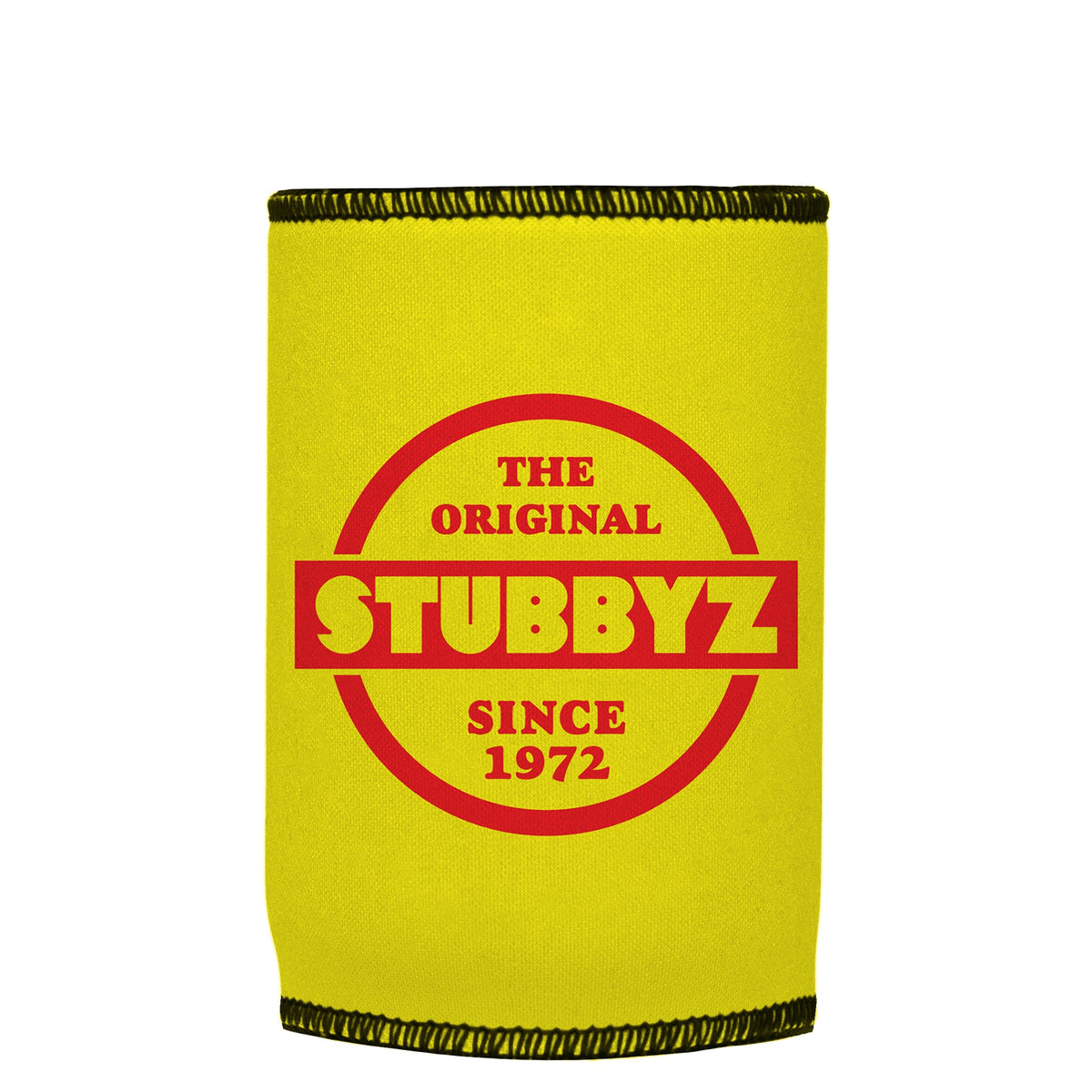 The Original (Yellow) Stubbyz One Size baseless stubby cooler, shown flat