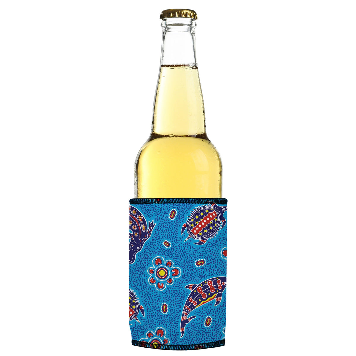 Australian Sea Stubbyz One Size cooler on a slim bottle, angled view