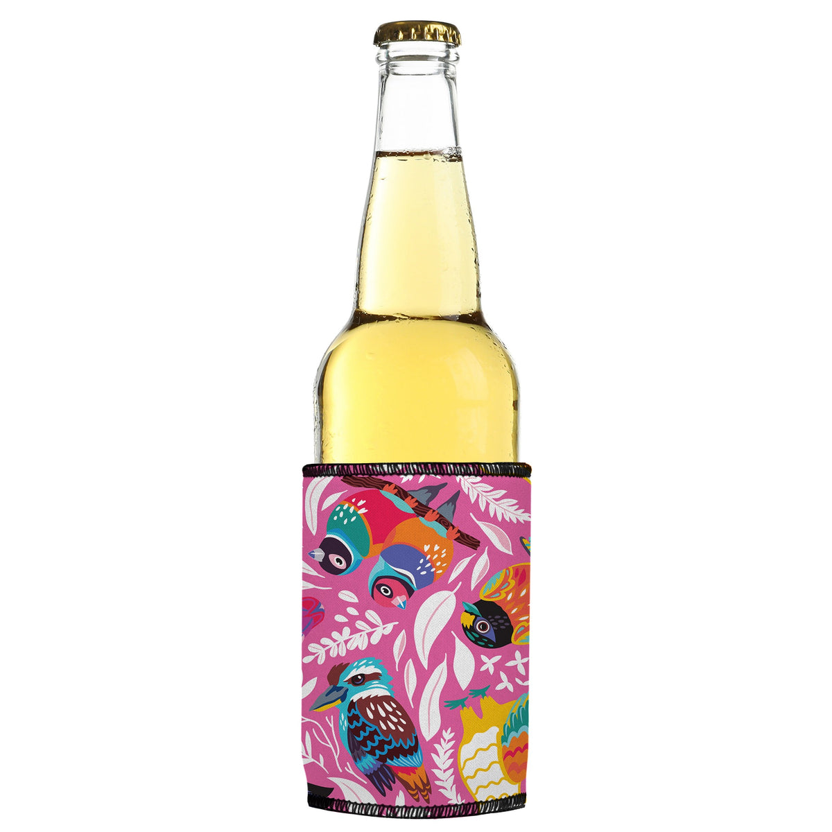 Aussie Birds Stubbyz One Size cooler on a slim bottle, angled view