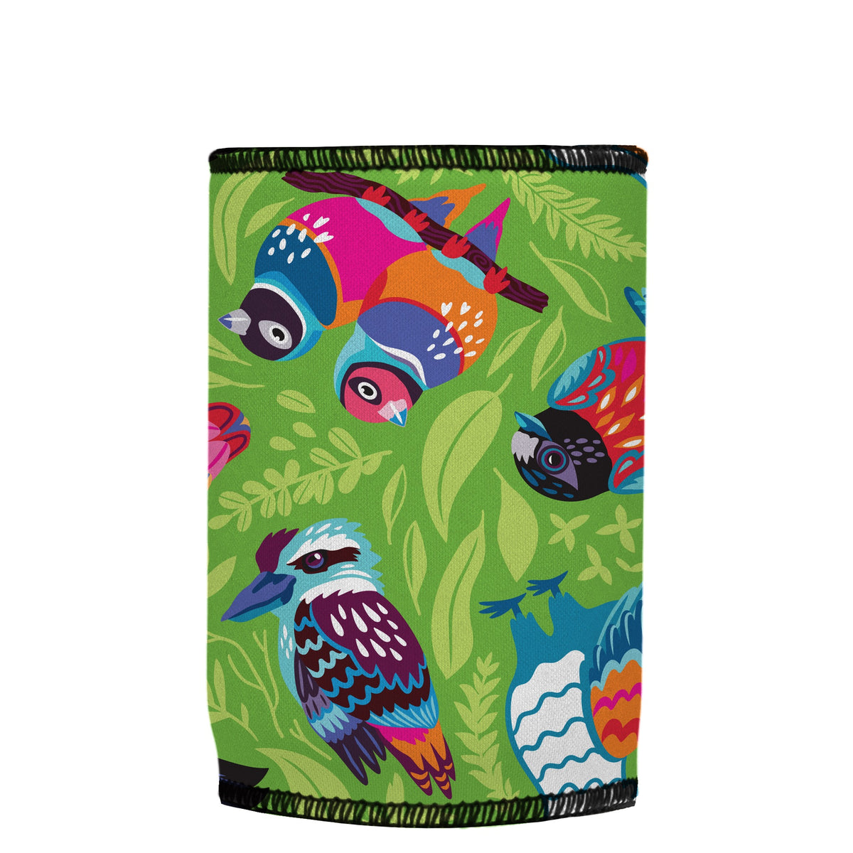 Aussie Birds III Stubbyz One Size baseless stubby cooler, shown flat