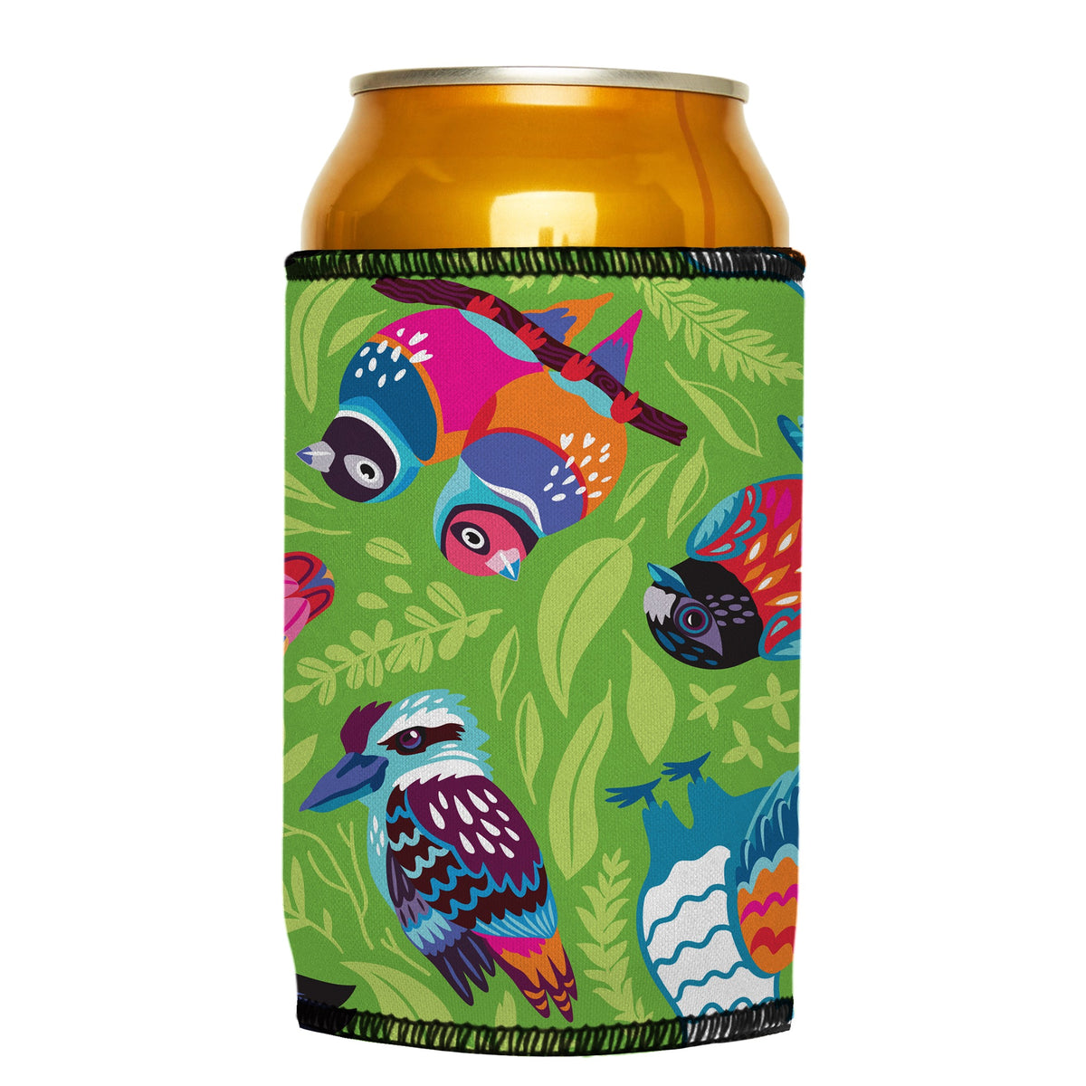 Aussie Birds III Stubbyz One Size cooler on a standard can