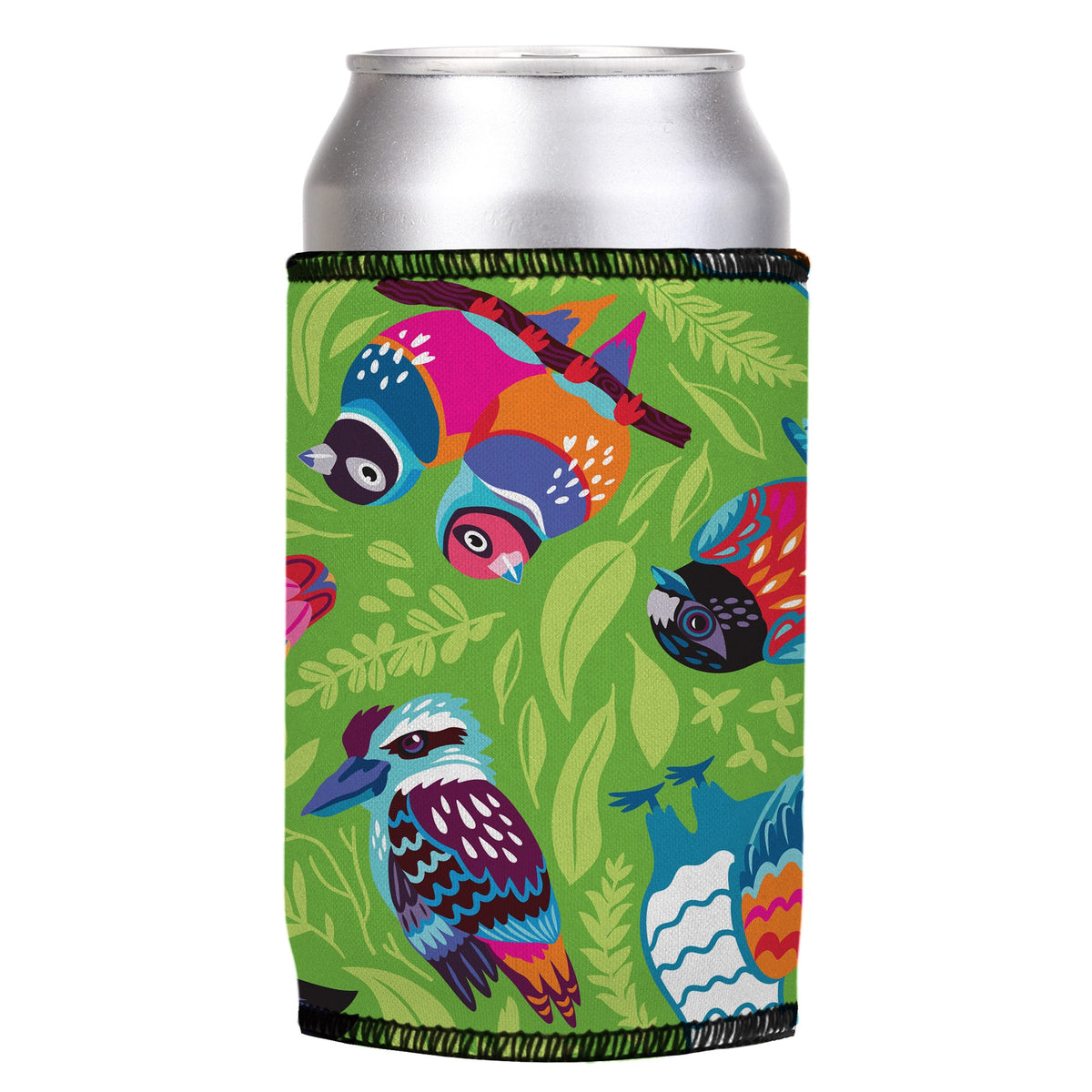 Aussie Birds III Stubbyz One Size cooler on a standard can, angled view