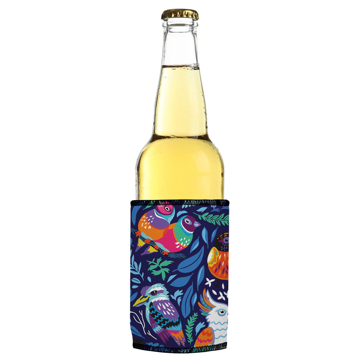Aussie Birds IV Stubbyz One Size cooler on a slim bottle, angled view
