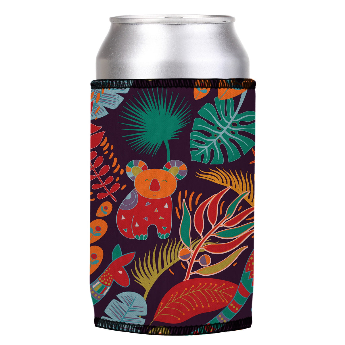 Australian Animals Stubbyz One Size cooler on a standard can, angled view