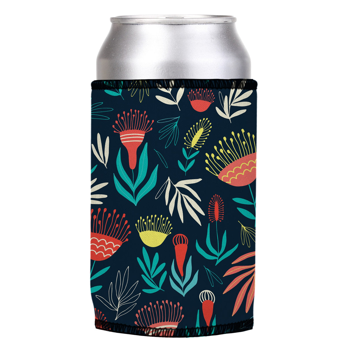 Australian Native Stubbyz One Size cooler on a standard can, angled view