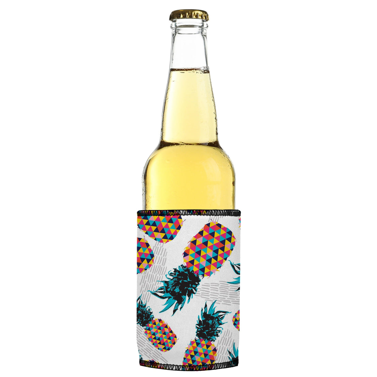 Pineapple Heads Stubbyz One Size cooler on a slim bottle, angled view