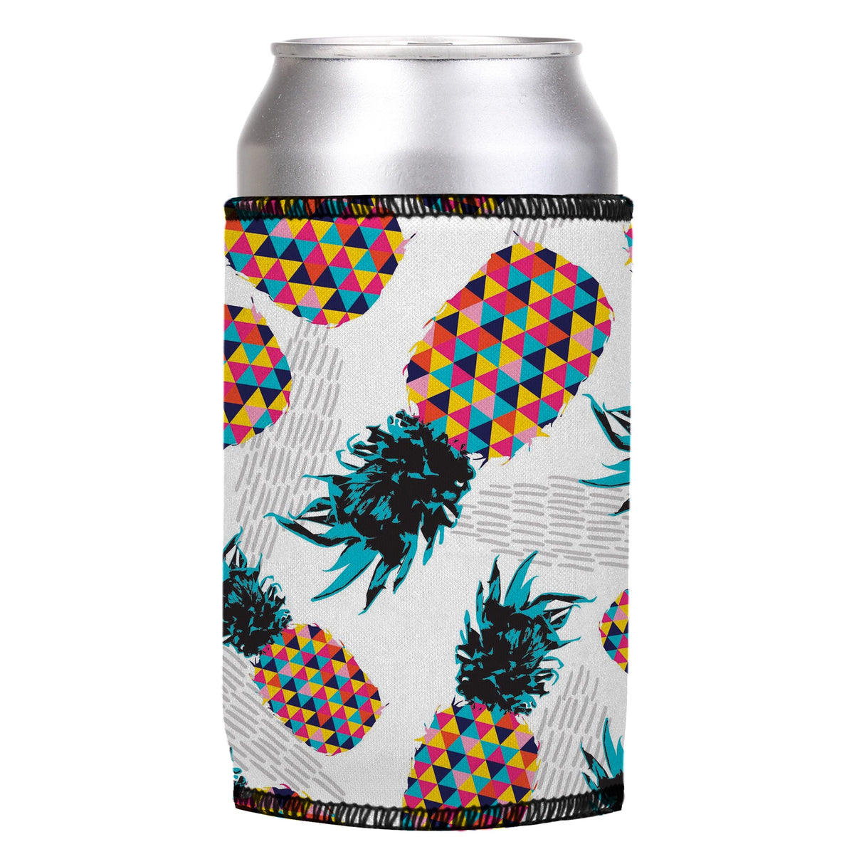 Pineapple Heads Stubbyz One Size cooler on a standard can, angled view
