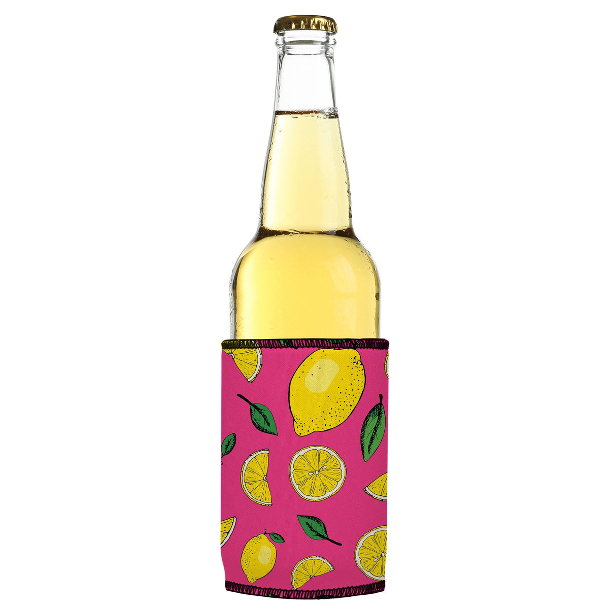 Lots-O-Lemons Stubbyz One Size cooler on a slim bottle, angled view
