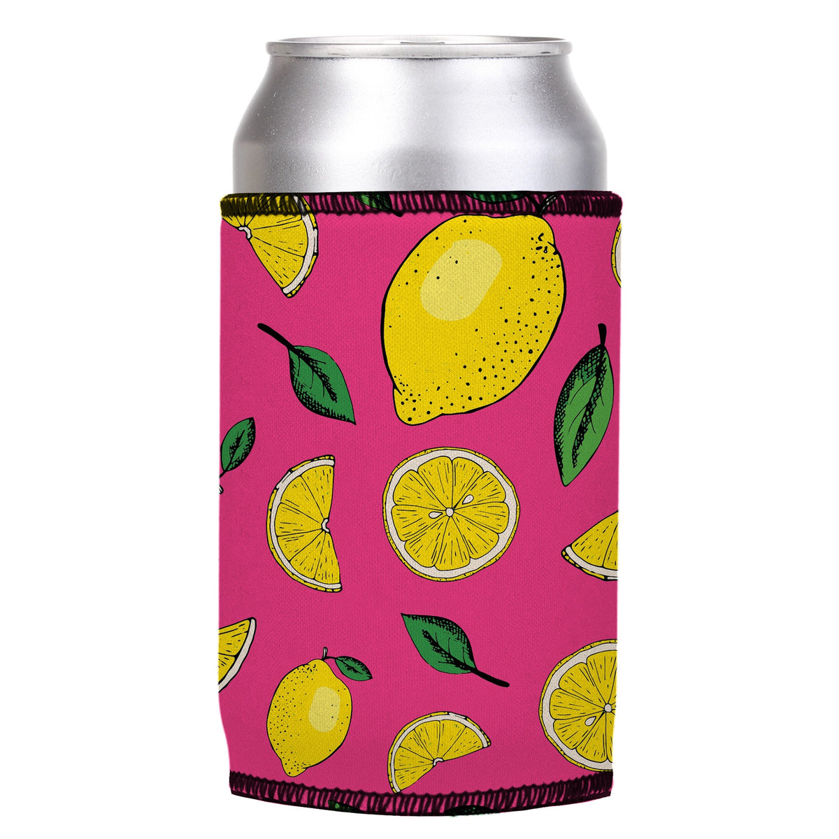 Lots-O-Lemons Stubbyz One Size cooler on a standard can, angled view