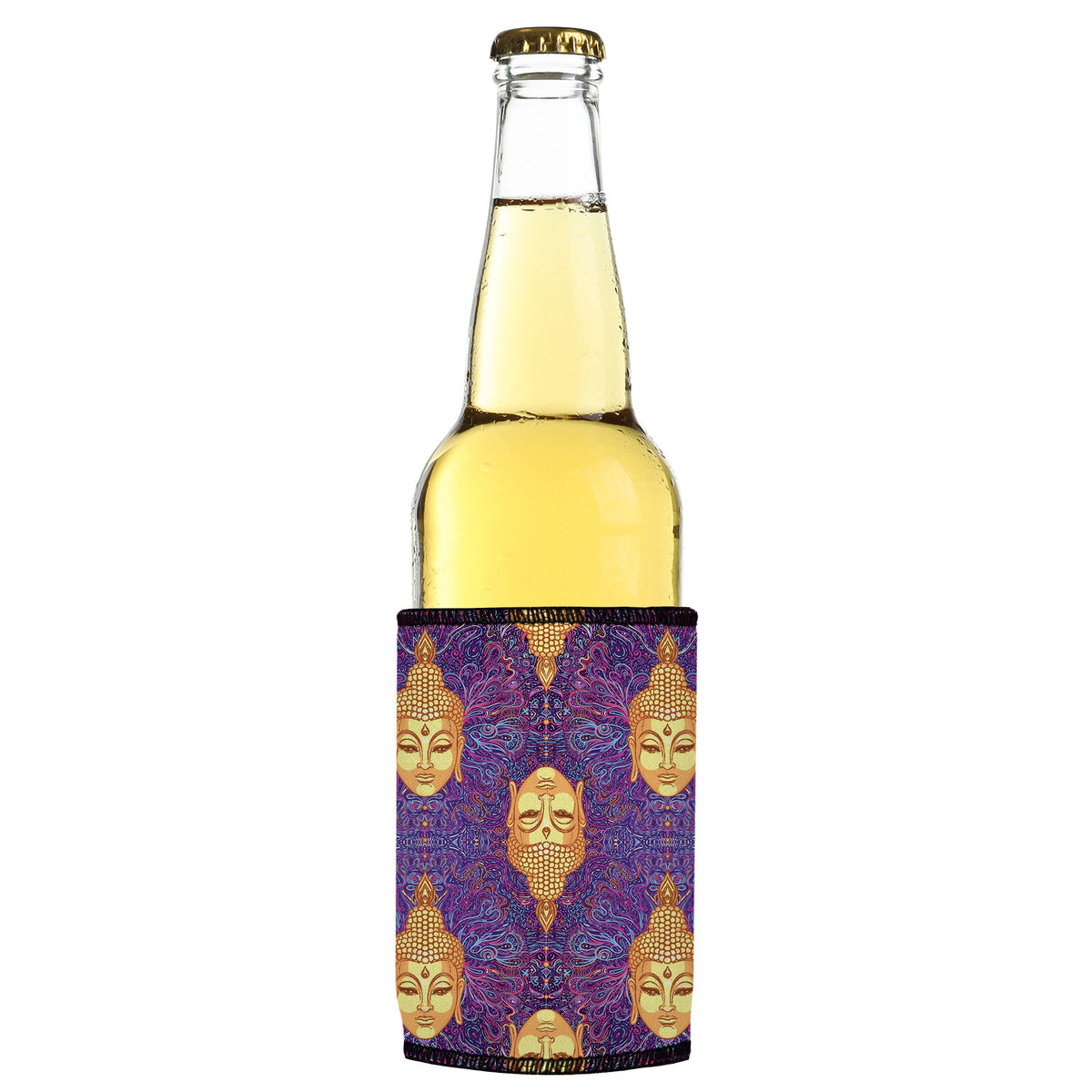 Gautama Buddha Stubbyz One Size cooler on a slim bottle, angled view