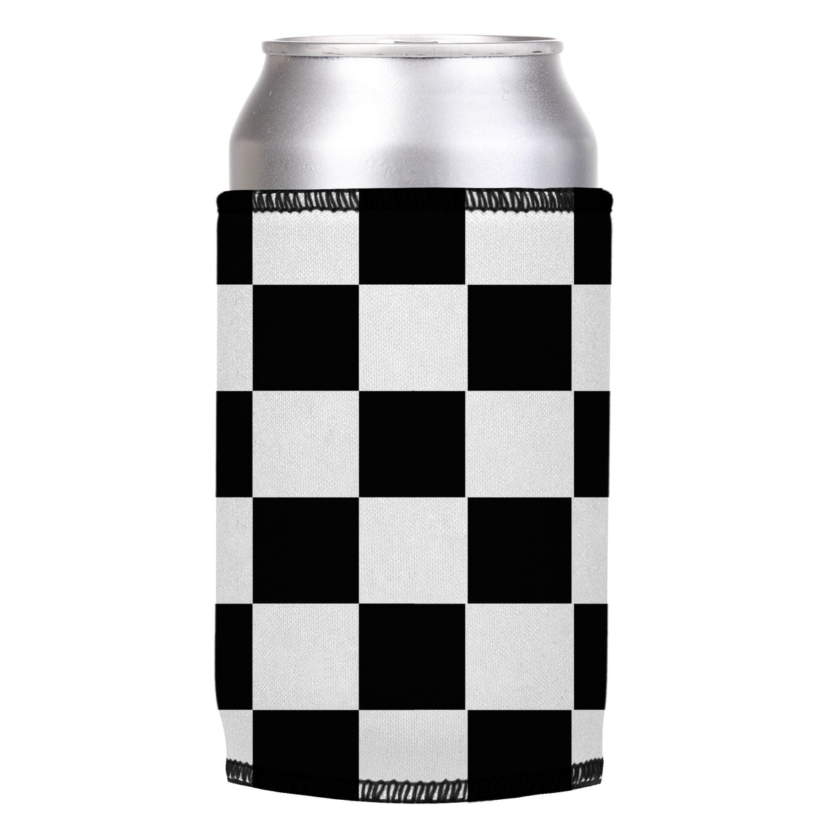 Large Checkerboard Stubbyz One Size cooler on a standard can, angled view