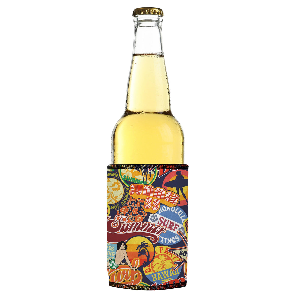 Vintage Summer Stubbyz One Size cooler on a slim bottle, angled view