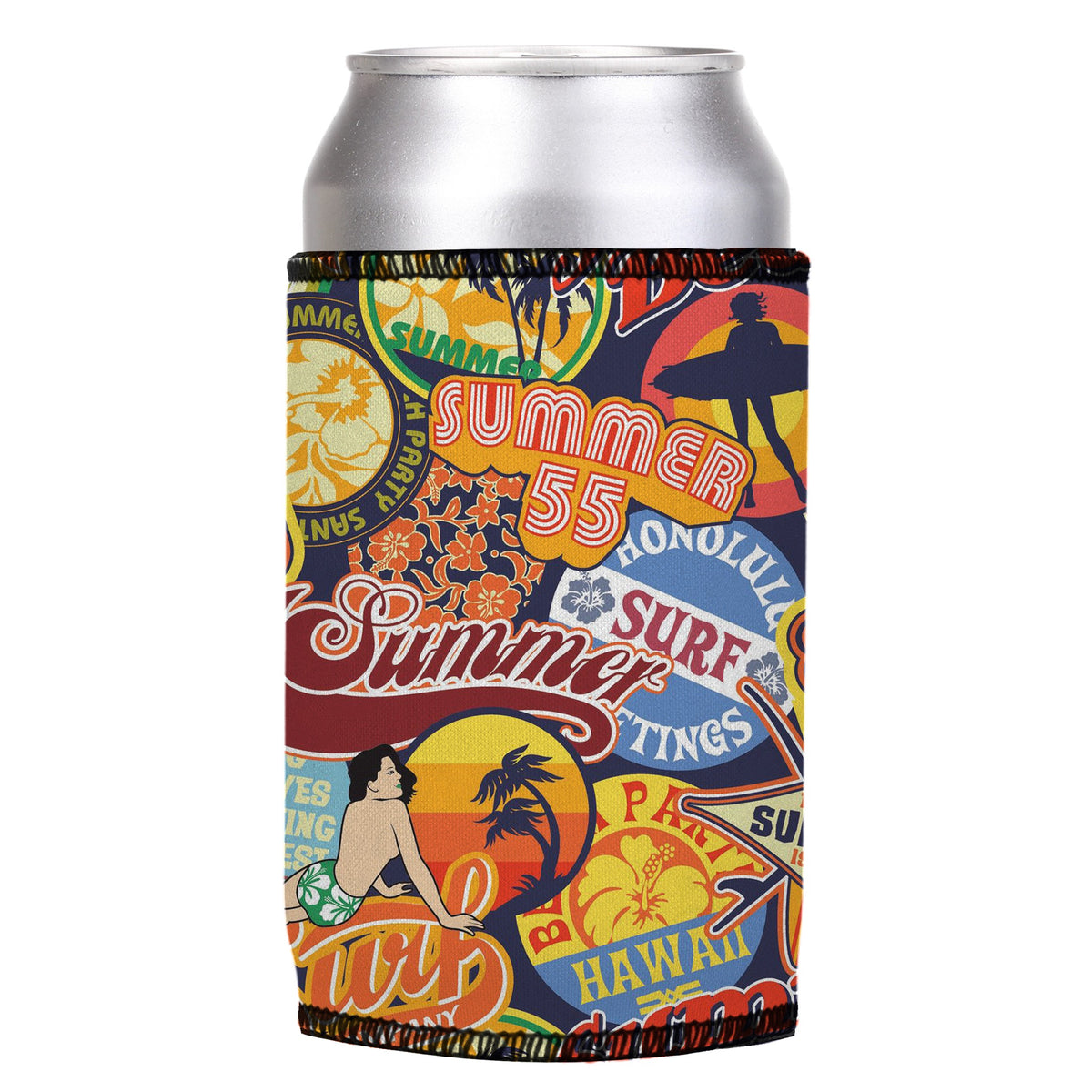 Vintage Summer Stubbyz One Size cooler on a standard can, angled view
