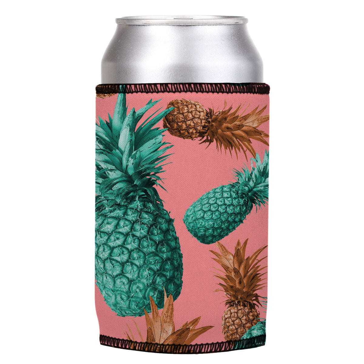 Mmm Pineapples Yummy Stubbyz One Size cooler on a standard can, angled view