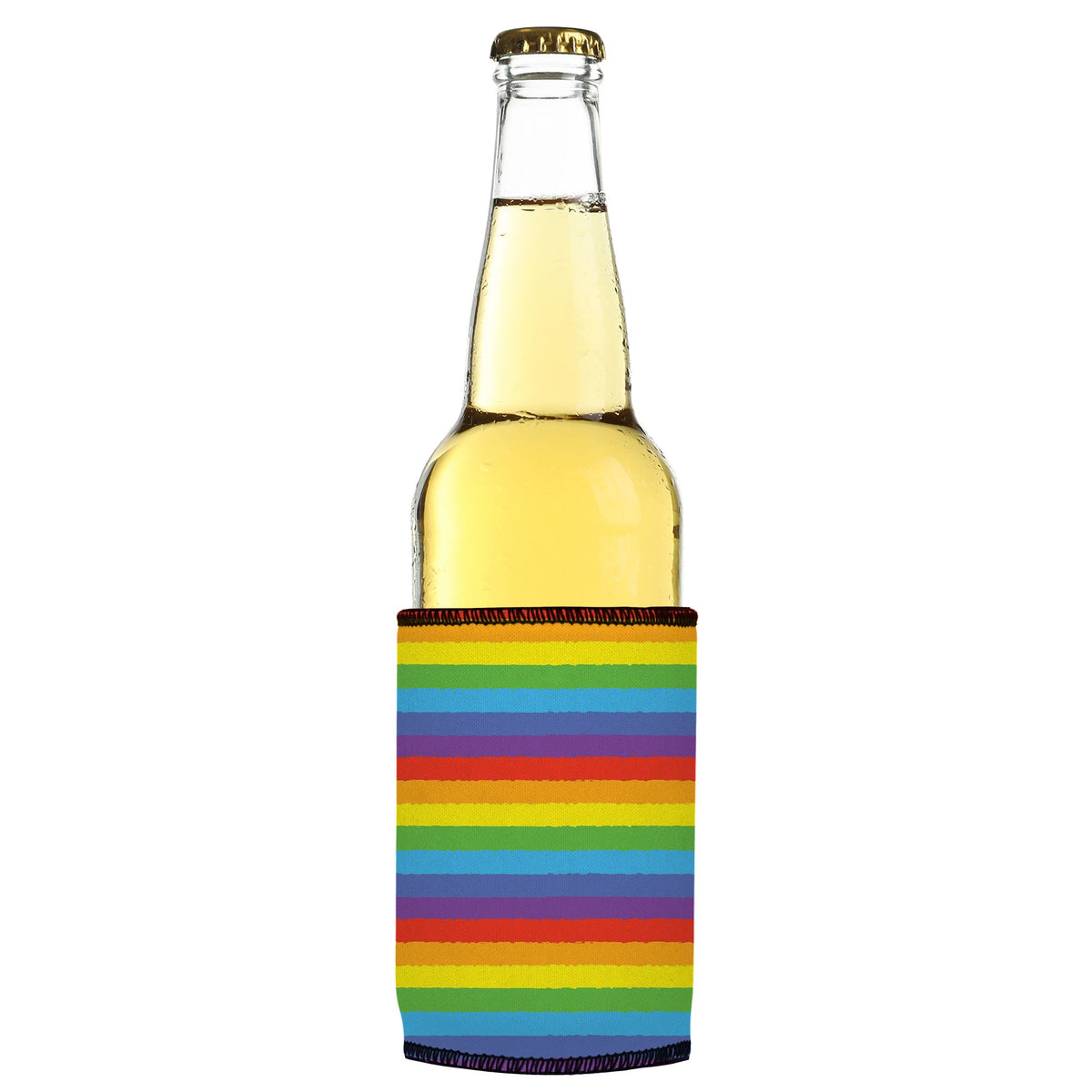 LGBTQ+ Pride Flag Stubbyz One Size cooler on a slim bottle, angled view