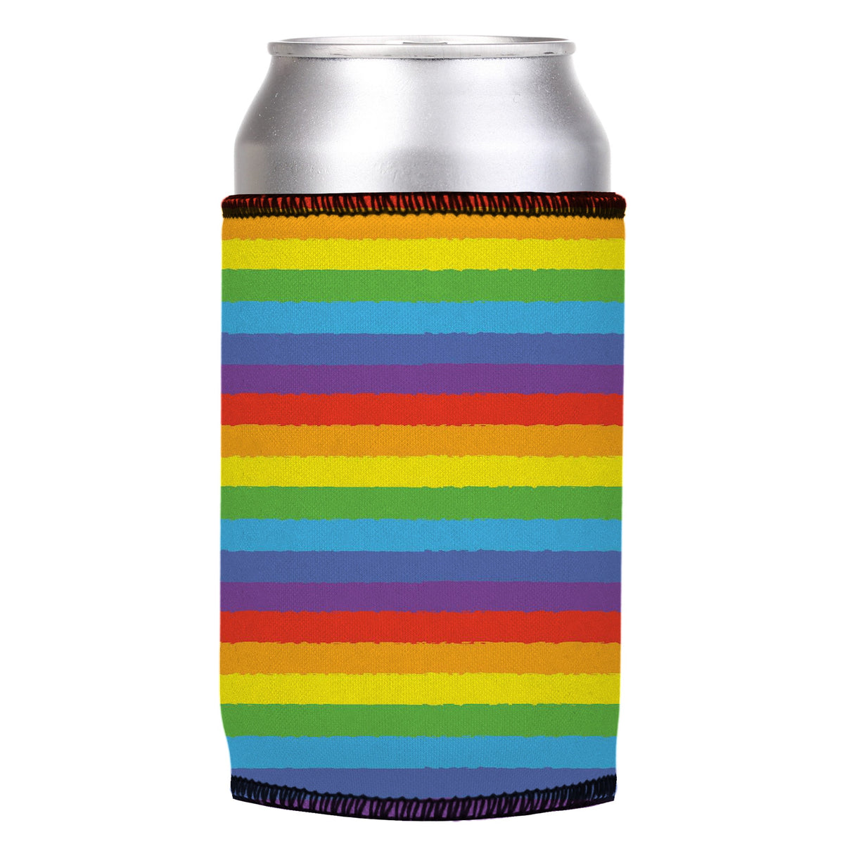 LGBTQ+ Pride Flag Stubbyz One Size cooler on a standard can, angled view