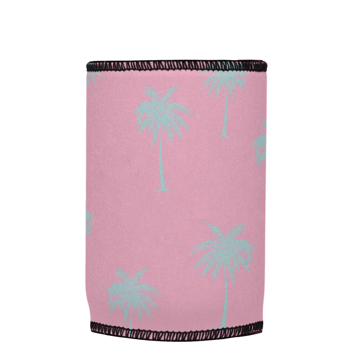 Palm Trees Aqua Pink Stubbyz One Size baseless stubby cooler, shown flat