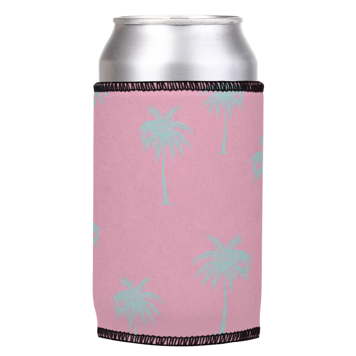 Palm Trees Aqua Pink Stubbyz One Size cooler on a standard can, angled view