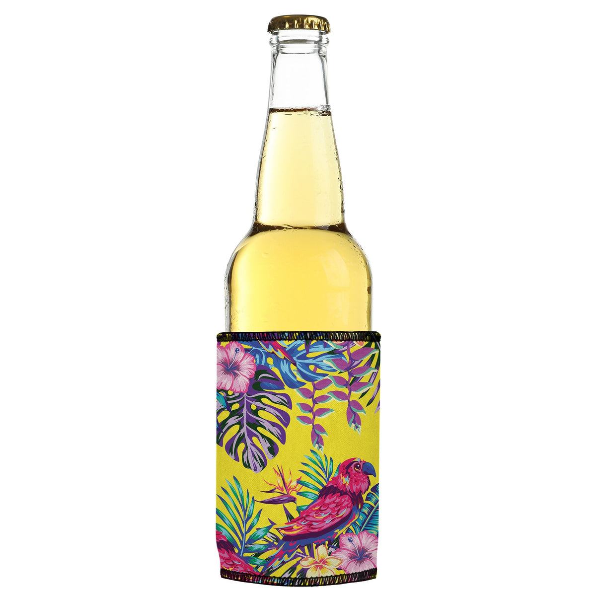 Exotic Birds Stubbyz One Size cooler on a slim bottle, angled view