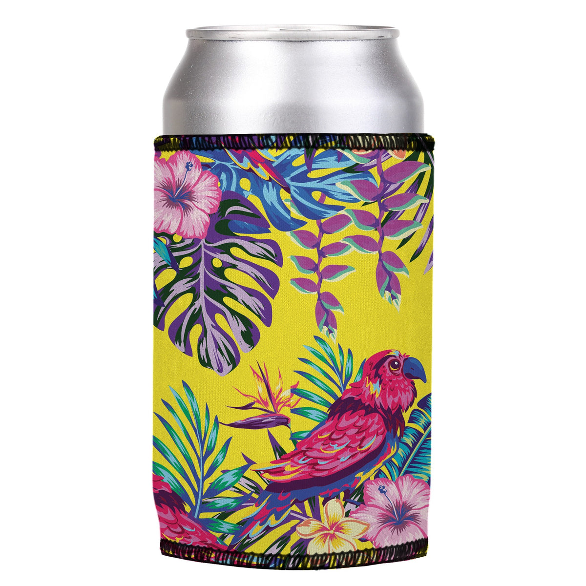 Exotic Birds Stubbyz One Size cooler on a standard can, angled view