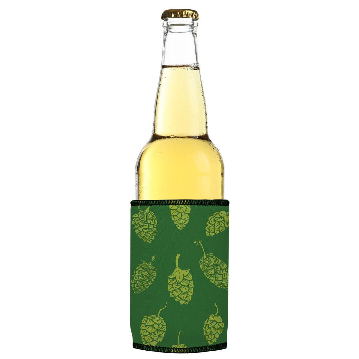 Hops on Hops off Stubbyz One Size cooler on a slim bottle, angled view