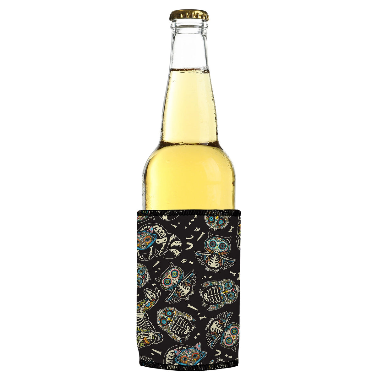 Animal Skeletons Stubbyz One Size cooler on a slim bottle, angled view