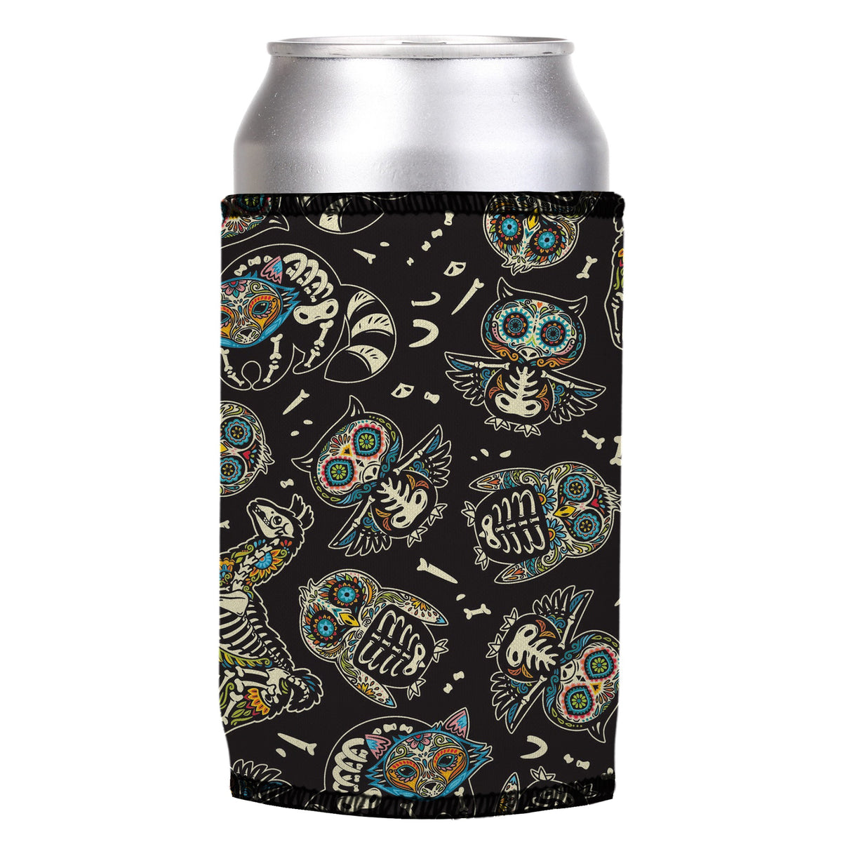 Animal Skeletons Stubbyz One Size cooler on a standard can, angled view