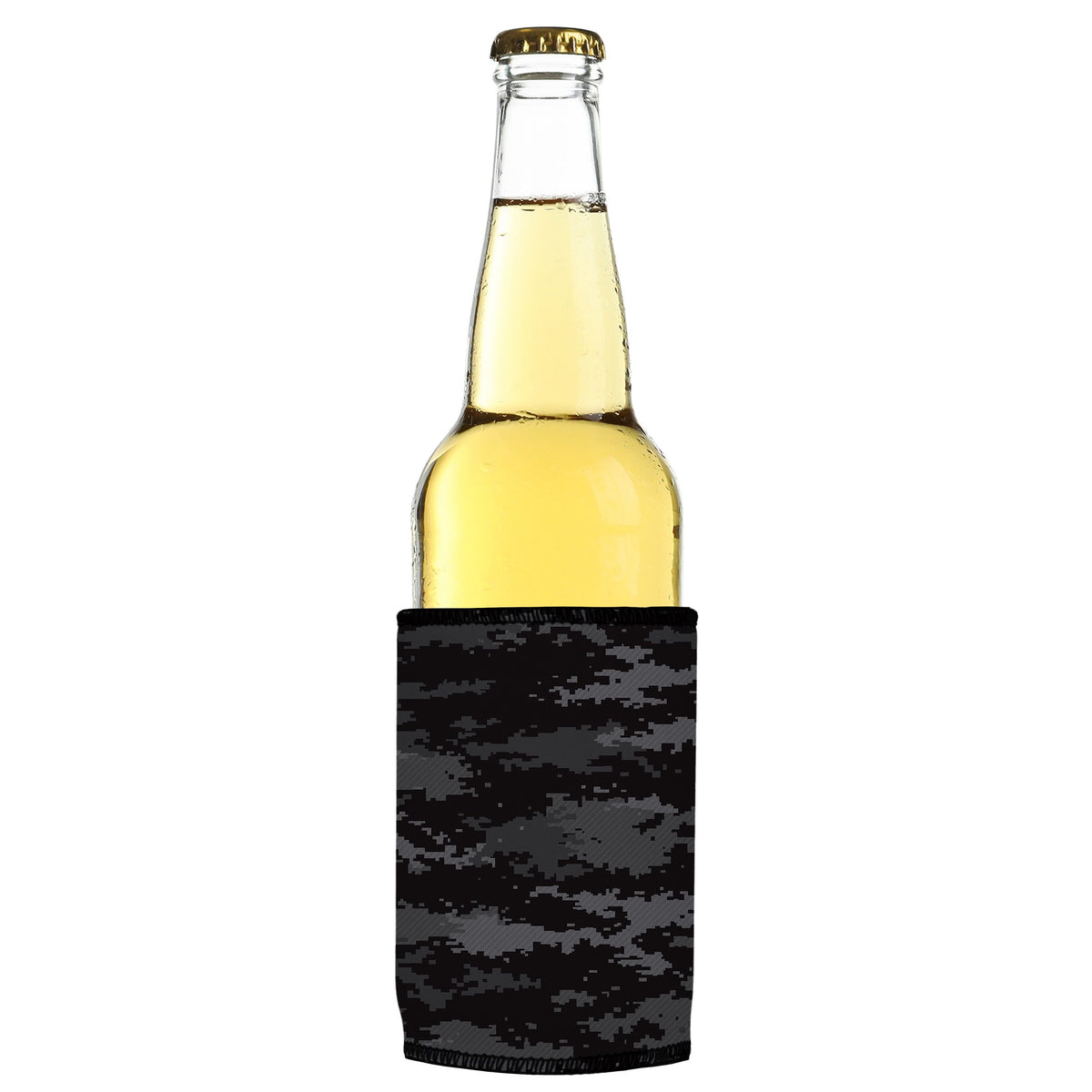 Digital Pixel Black Camo Stubbyz One Size cooler on a slim bottle, angled view