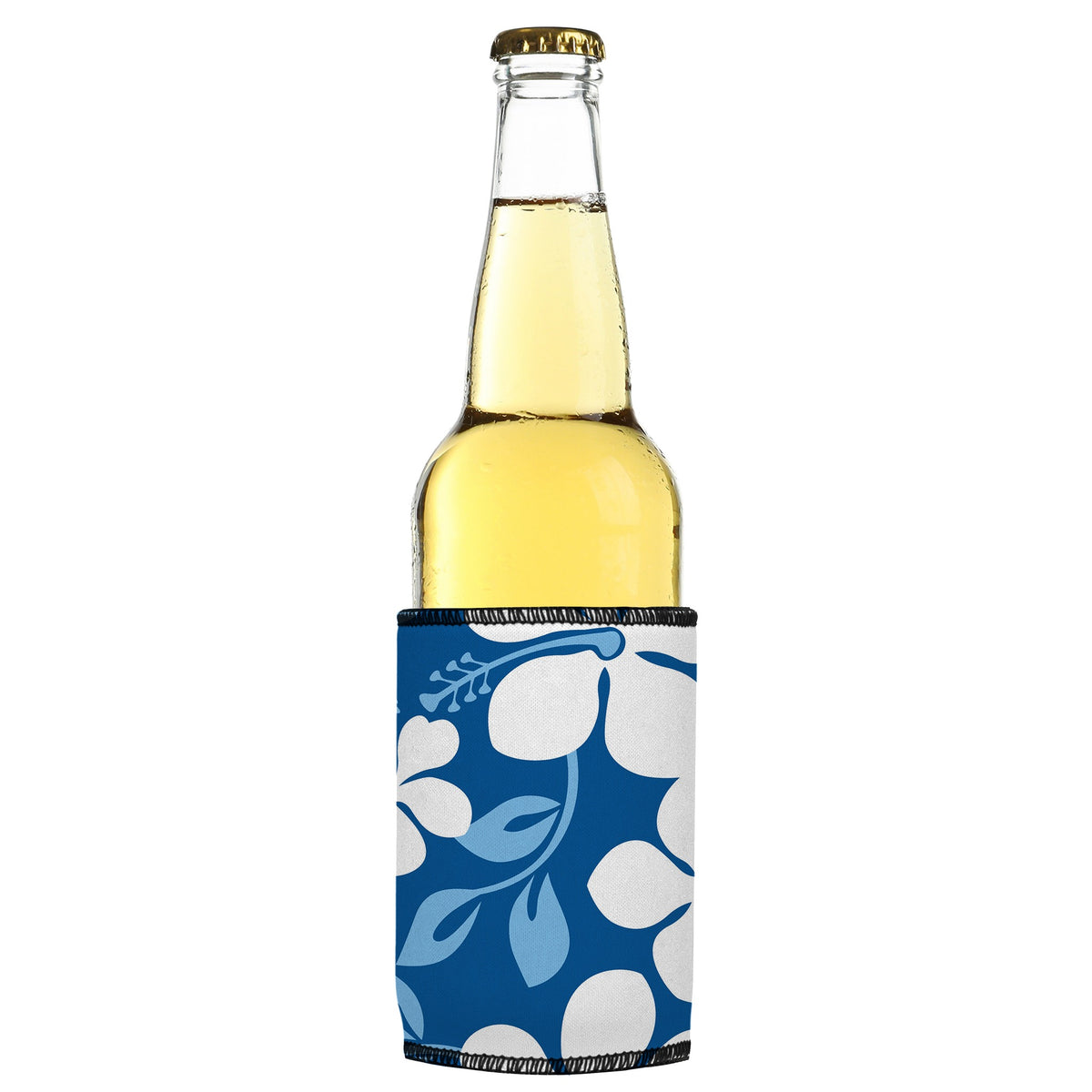 Hibiscus Flower Stubbyz One Size cooler on a slim bottle, angled view