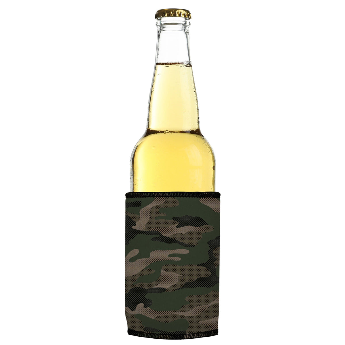 Green Camo Dot Pattern Stubbyz One Size cooler on a slim bottle, angled view