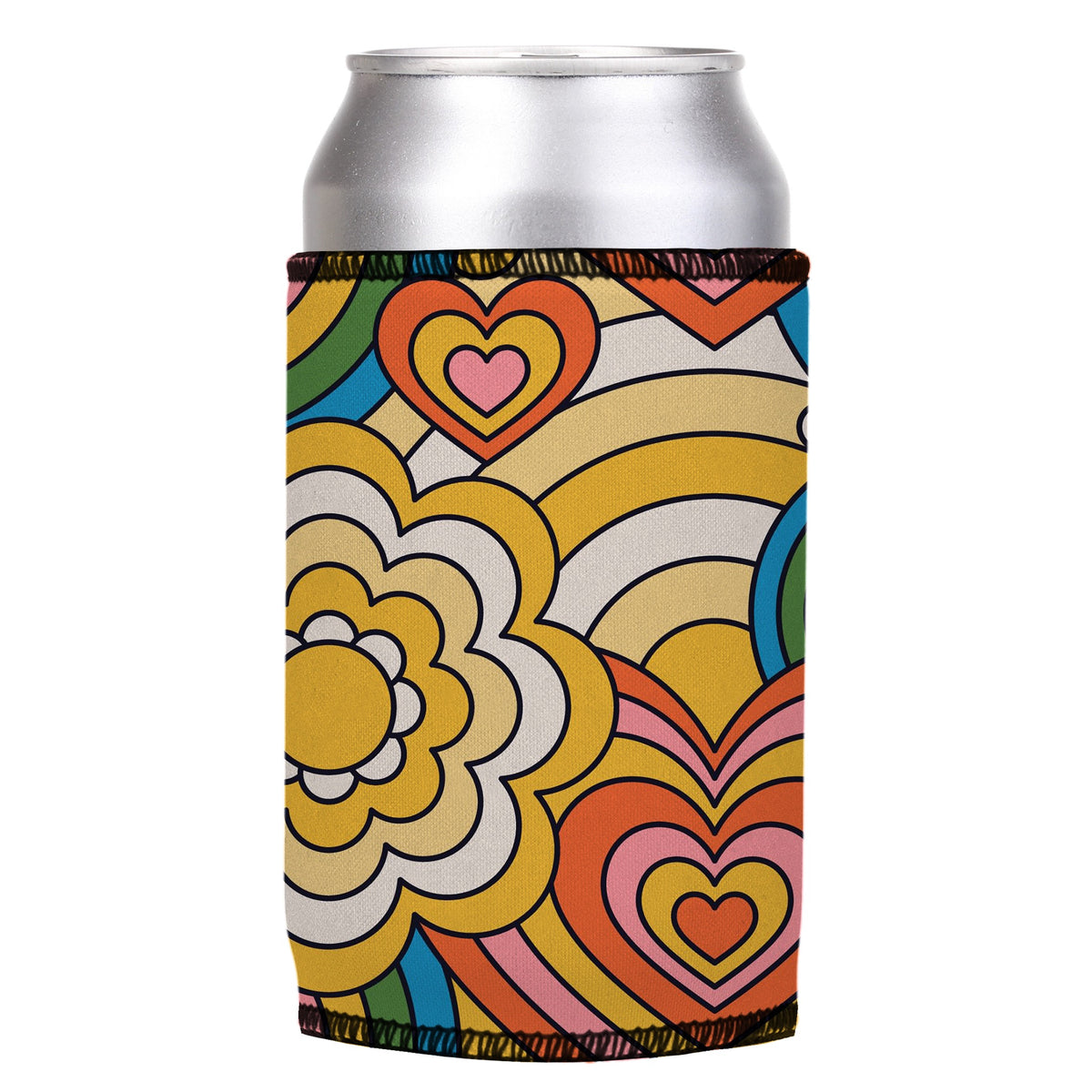 60s Hearts Stubbyz One Size cooler on a standard can, angled view
