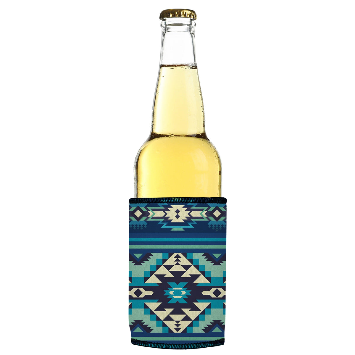 Blue Navajo Rug Stubbyz One Size cooler on a slim bottle, angled view