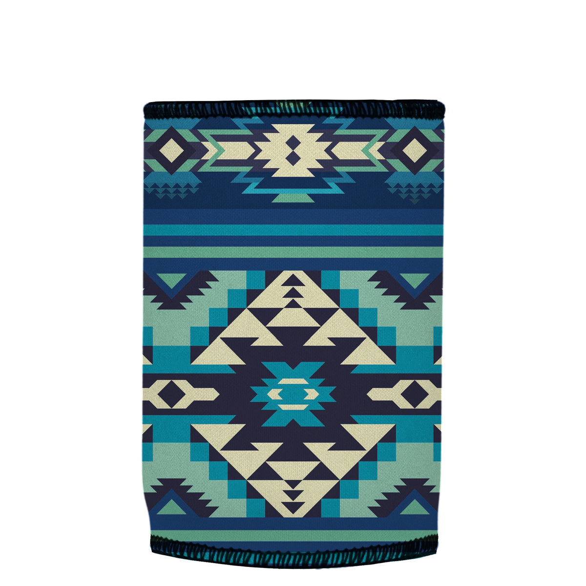 Blue Navajo Rug Stubbyz One Size baseless stubby cooler, shown flat