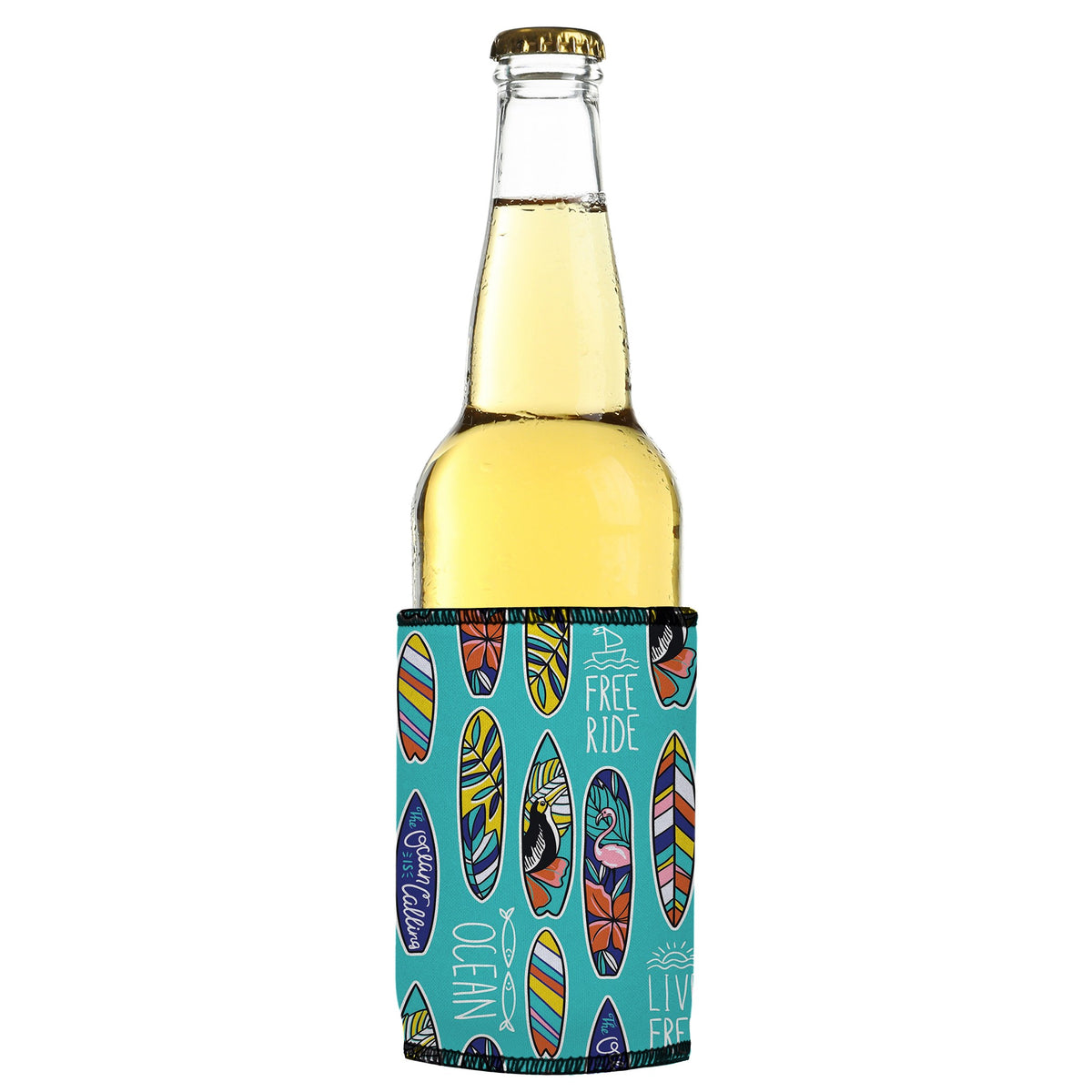 Just Surfboards Stubbyz One Size cooler on a slim bottle, angled view