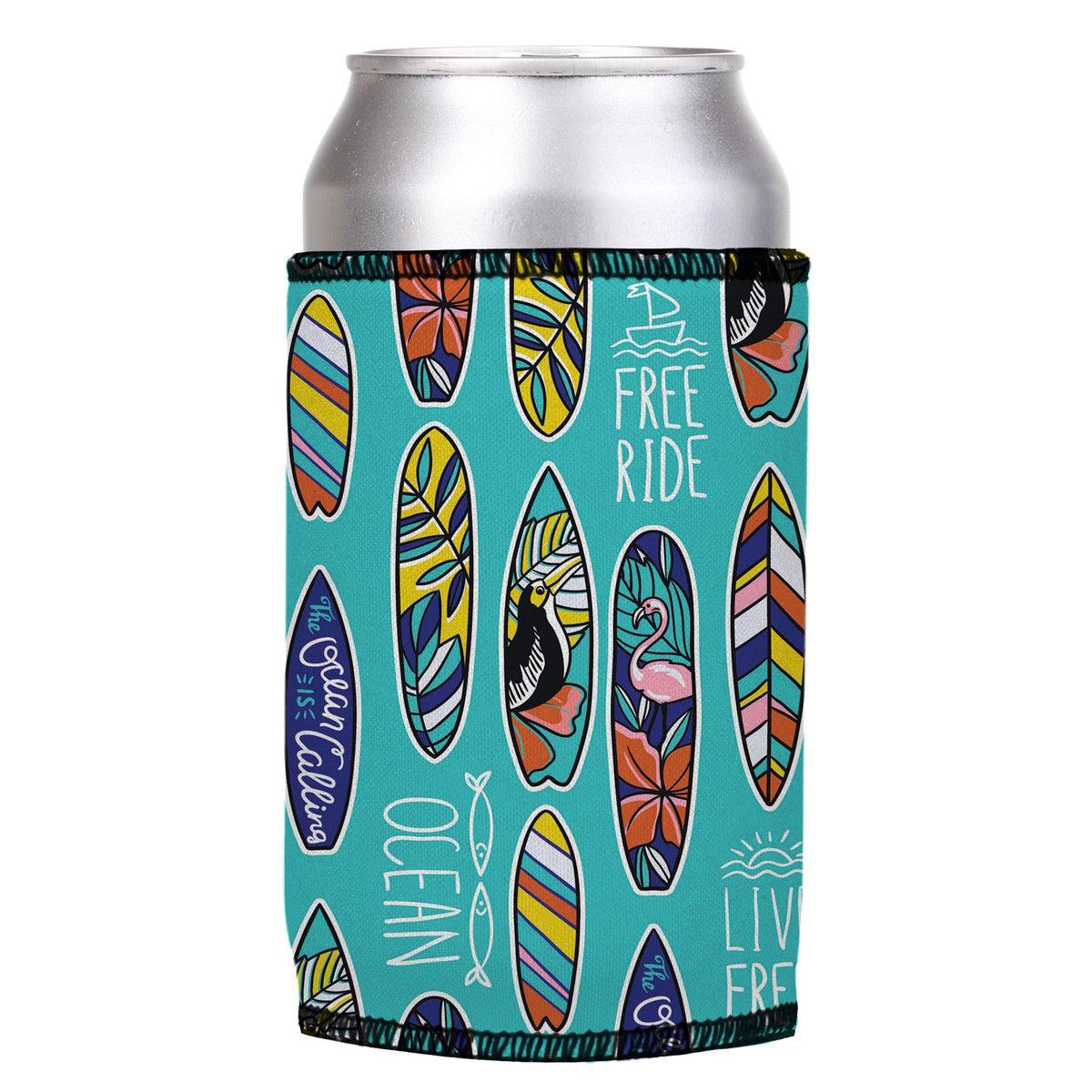 Just Surfboards Stubbyz One Size cooler on a standard can, angled view