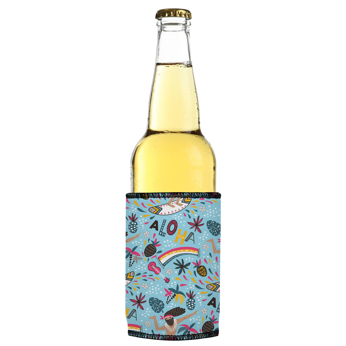 Surfing Aloha Stubbyz One Size cooler on a slim bottle, angled view