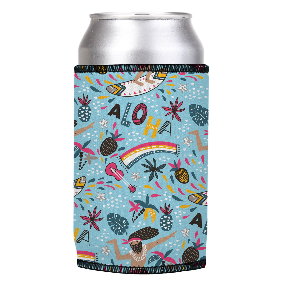 Surfing Aloha Stubbyz One Size cooler on a standard can, angled view