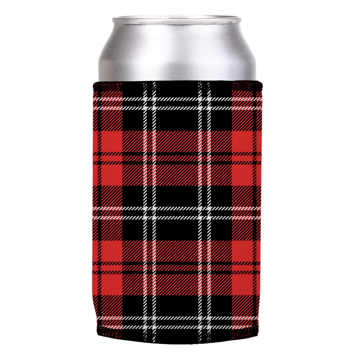Scottish Tartan Plaid Stubbyz One Size cooler on a standard can, angled view