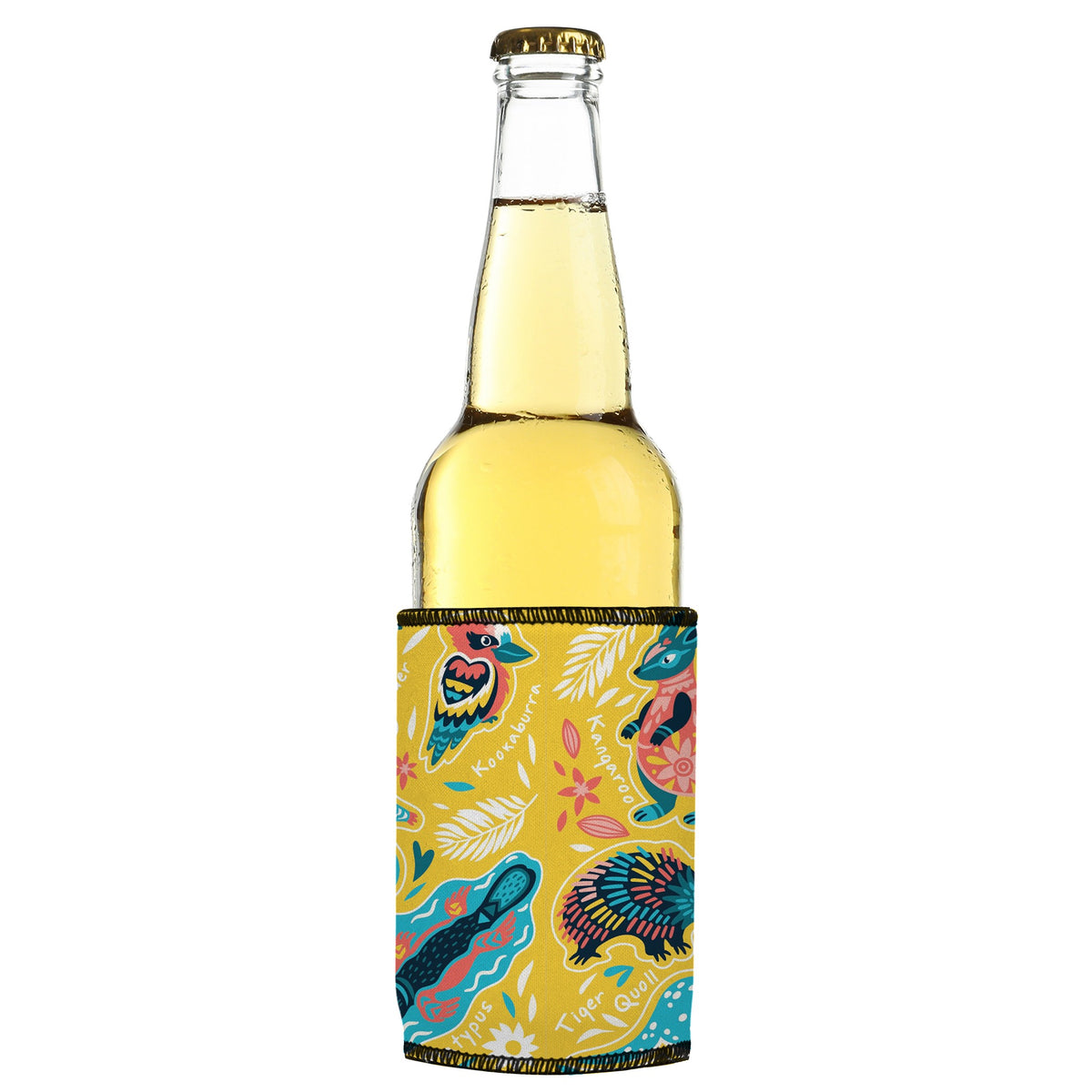 Australian Animals Stubbyz One Size cooler on a slim bottle, angled view