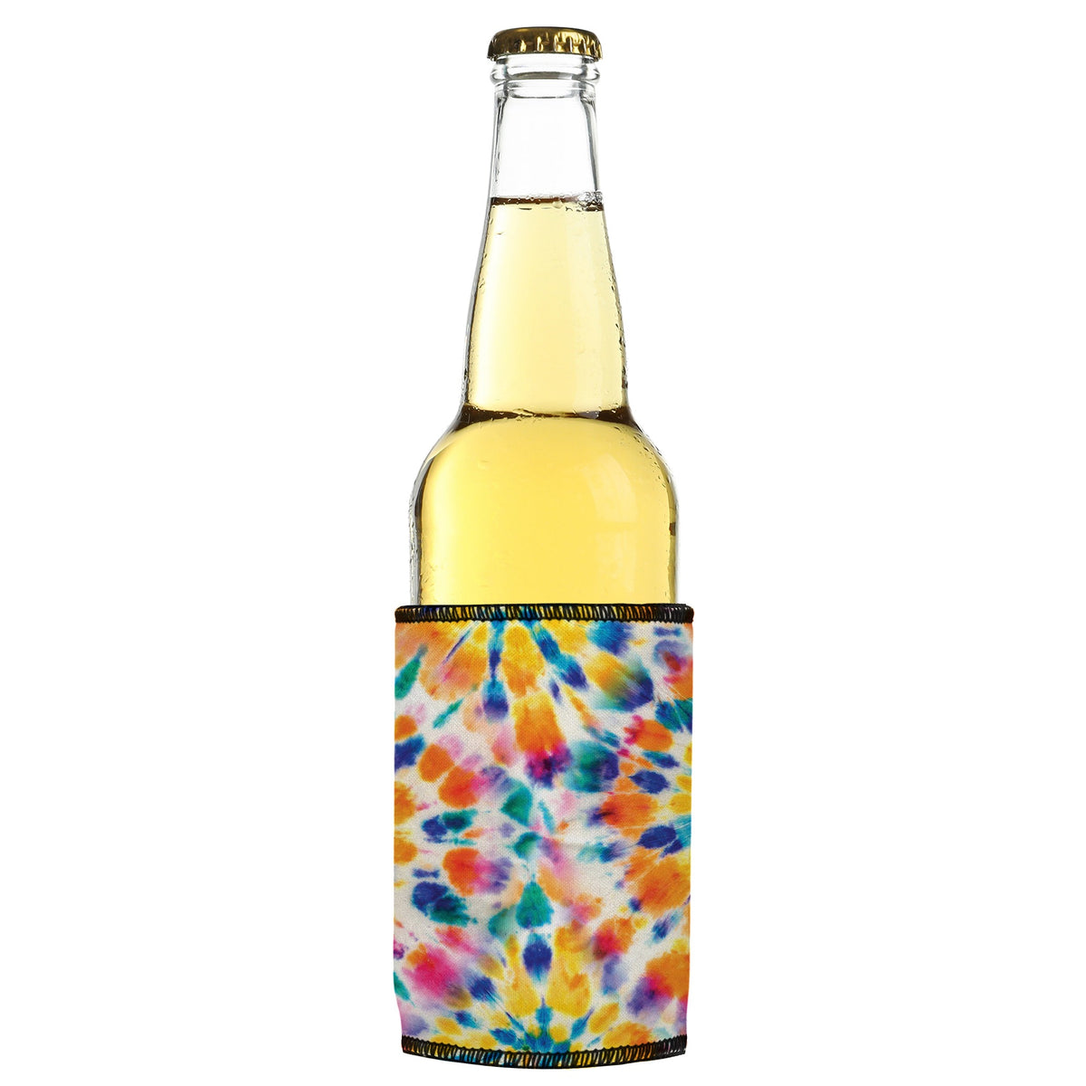 Rainbow Spiral Tie-Dye Stubbyz One Size cooler on a slim bottle, angled view